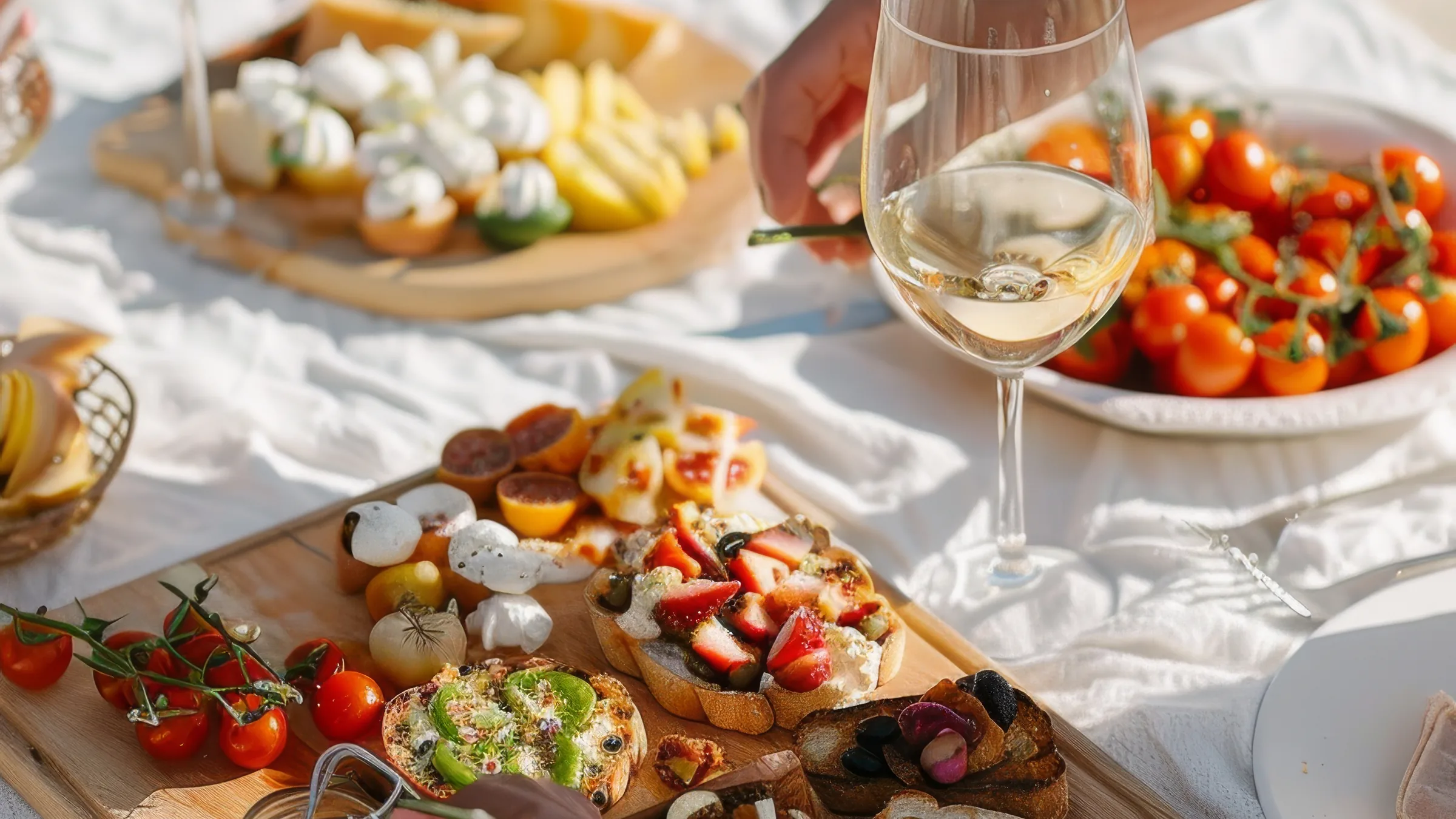 A summer spread of bread, tomatoes and chilled wine laid out by the lake